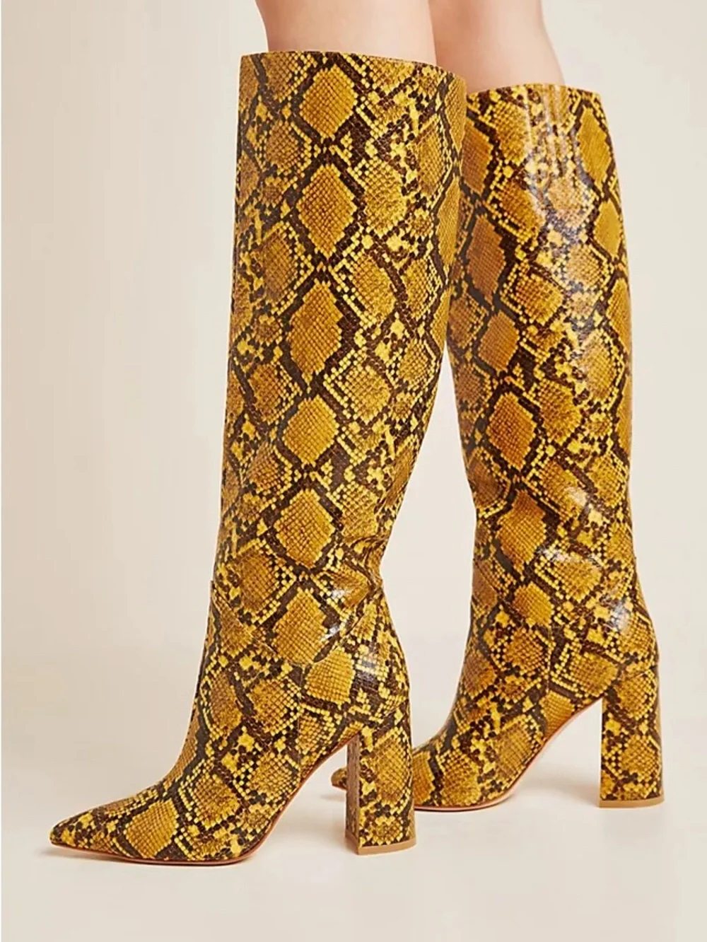 Jeffrey Campbell - Siren Snakeskin Knee-High Pointed Block-Heel Boots - 10